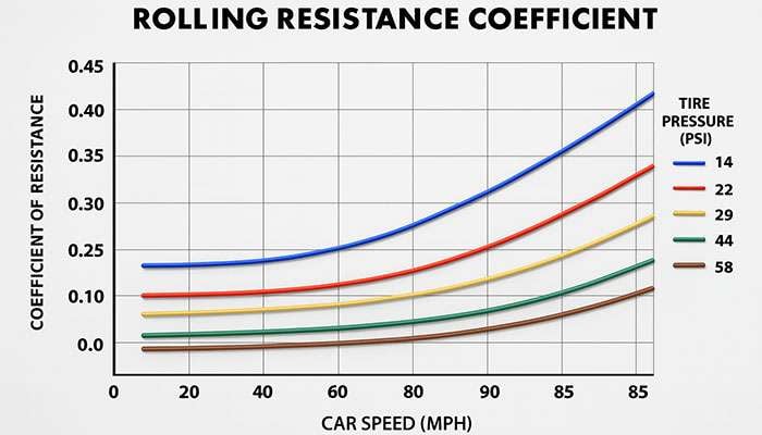 Rolling resistance coefficients across tire pressures and speeds chart