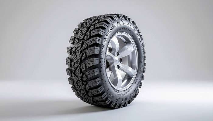 Rugged terrain tire showing balanced tread design between all-terrain and mud-terrain patterns