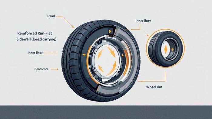 Diagram showing a tire cross-section highlighting reinforced sidewall construction in run-flat tires.