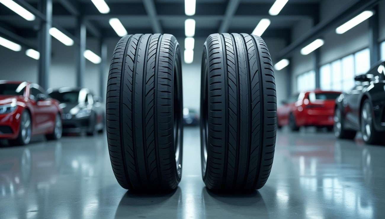 Two car tires side by side in a showroom, highlighting the comparison between run-flat and regular tires for 2025.