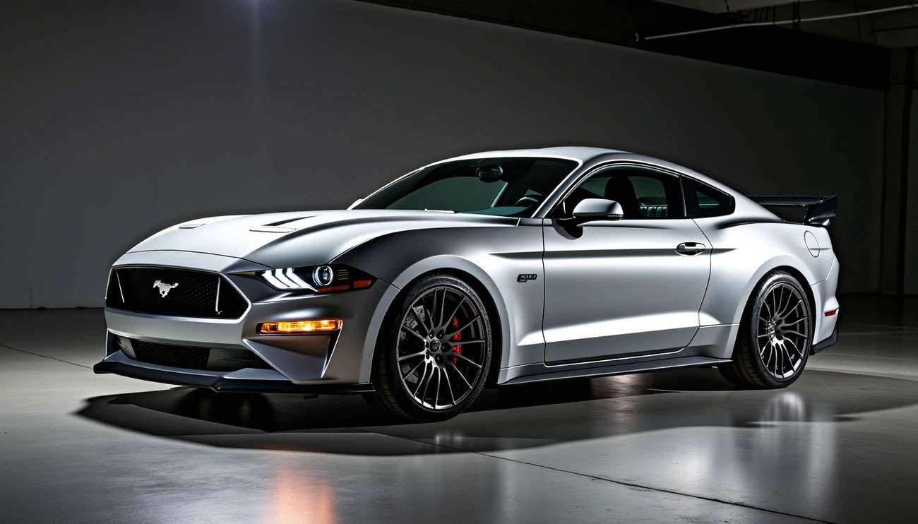 Silver 2015–2023 S550 Mustang coupe showcasing one of the 8 most popular wheel designs in a studio setting.