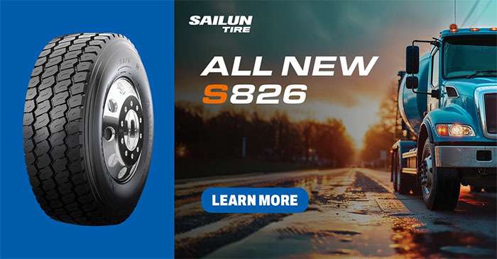 Sailun Tire S826 truck tire with a blue semi-truck on a road at sunset promoting durable commercial tire solutions.