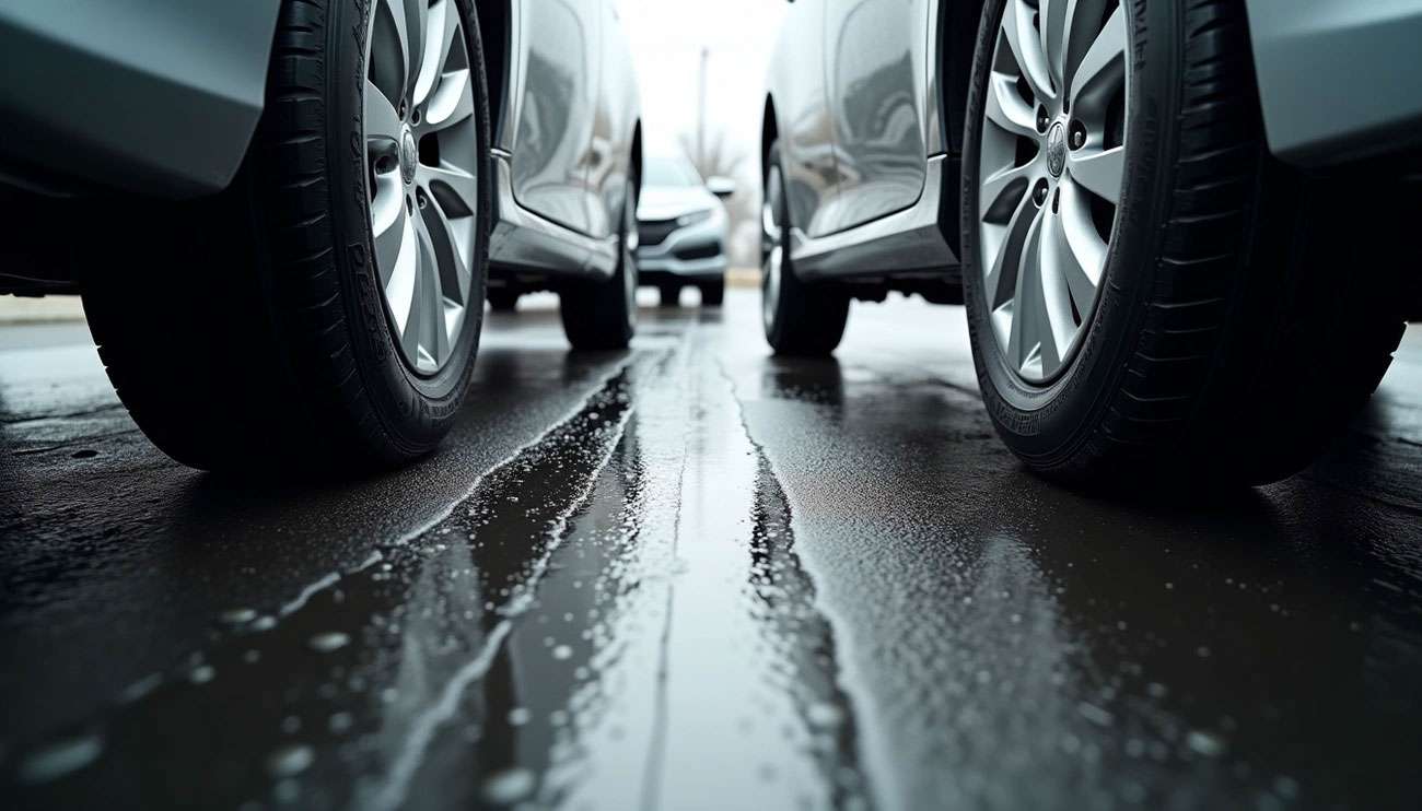 Close-up of two car tires on wet pavement, highlighting tire tread and reflections between vehicles