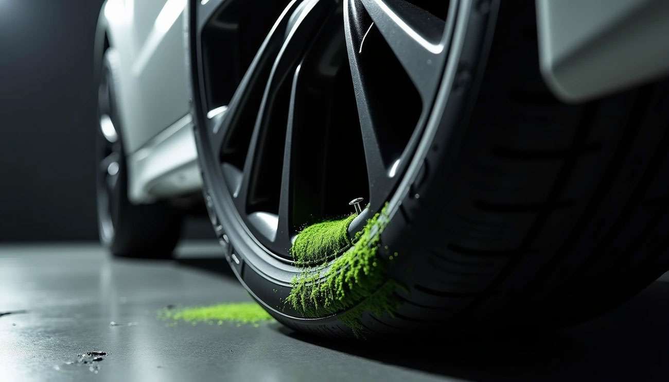 Close-up of a car tire with a nail puncturing it and green sealant oozing out to prevent air loss.
