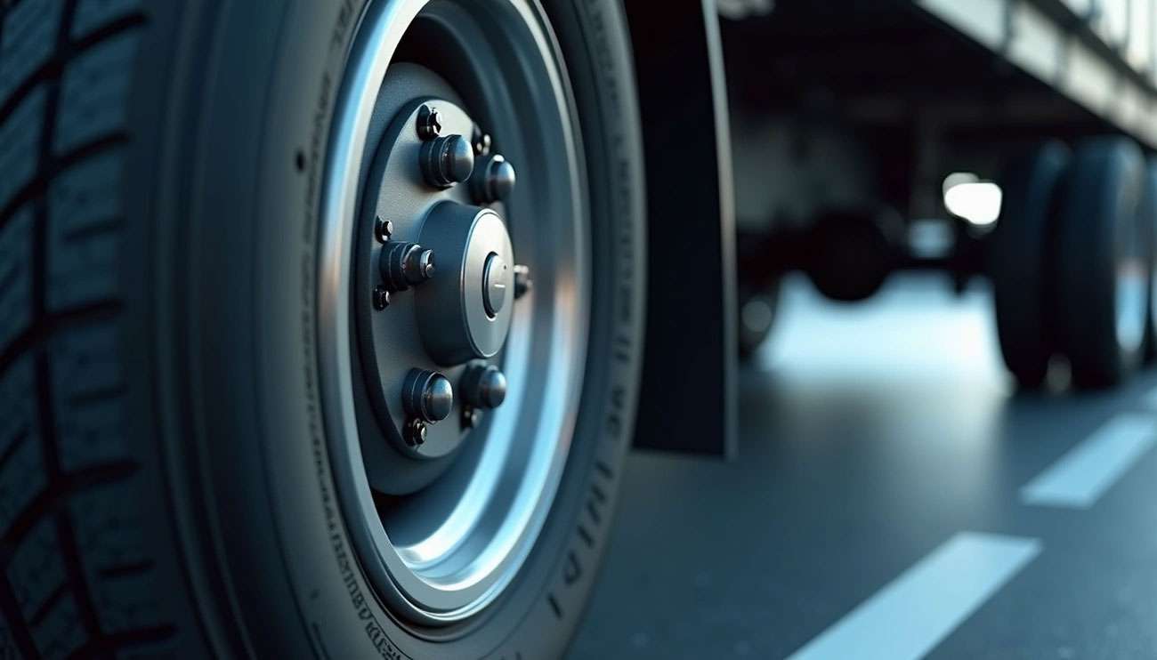 Close-up of a smart tire on a commercial truck with a fleet vehicle in motion on a highway.