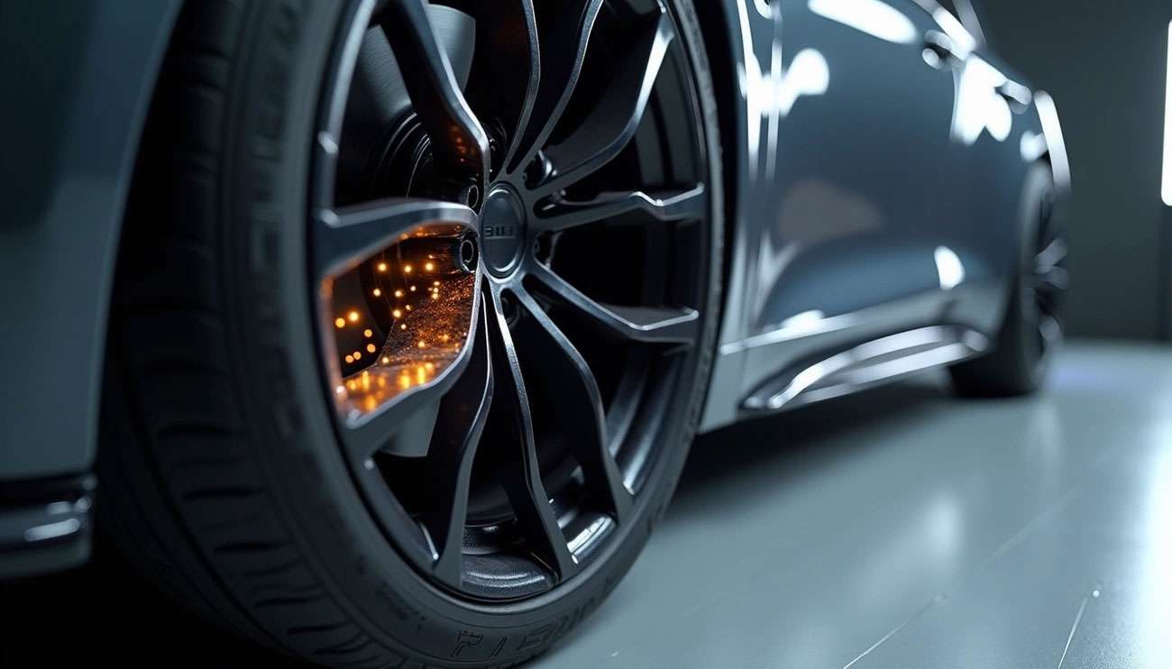 Close-up of a sleek car wheel showcasing advanced tire technology with glowing orange highlights inside the rim.