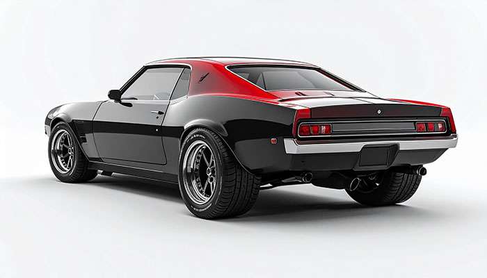 Muscle car showing staggered tire setup with wider rear tires and narrower front tires