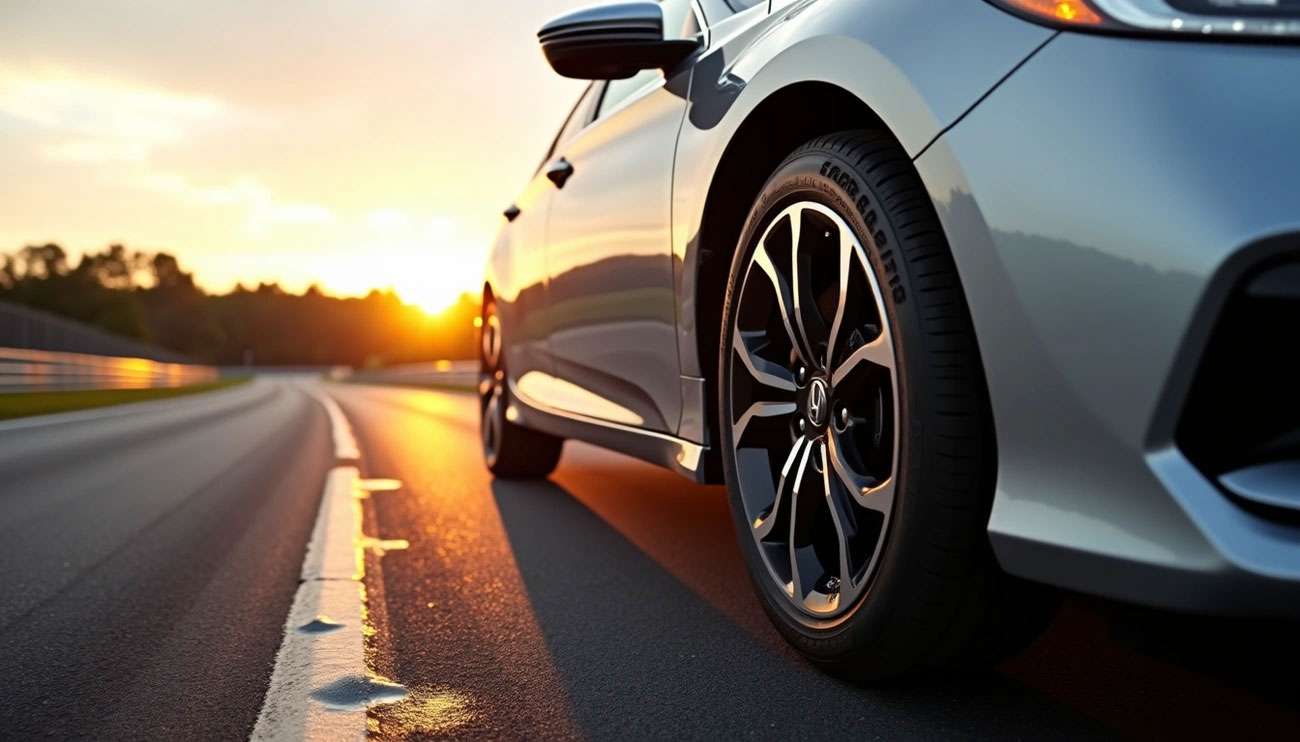 Close-up of a car tire on a road at sunset, highlighting the Starfire tire brand's performance on pavement