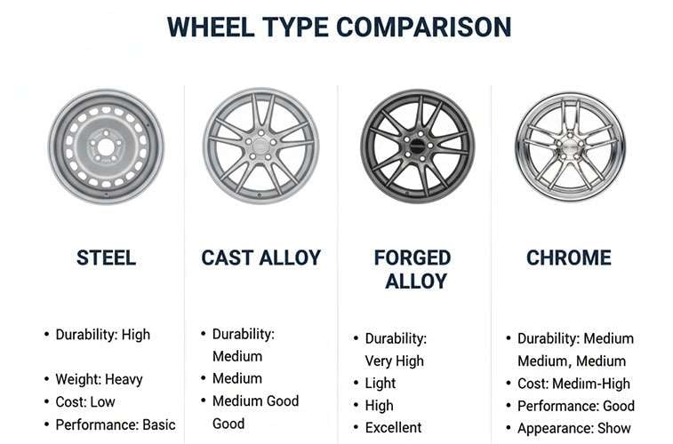 Comparison of steel and alloy wheels highlighting pros and cons for buying decisions by Tirebuyer.
