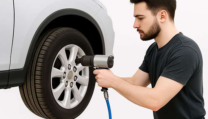 A person uses a hand torque wrench to tighten vehicle lug nuts in a star pattern following safety guidelines.