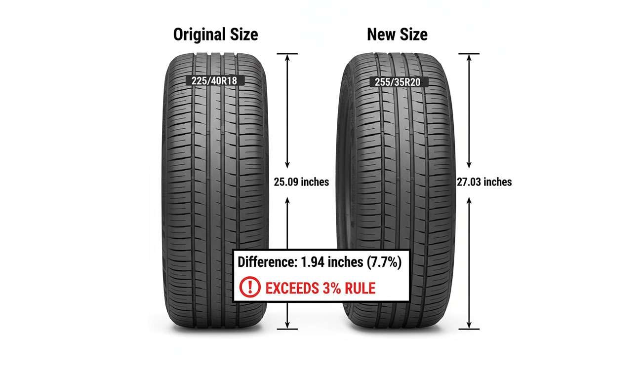 Automotive tire size guide showing the 3% rule for safe tire replacement and sizing