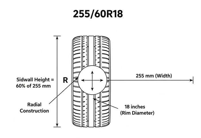Diagram explaining tire aspect ratio with tire width, height, rim diameter, and radial construction details for 255/60R18 tire
