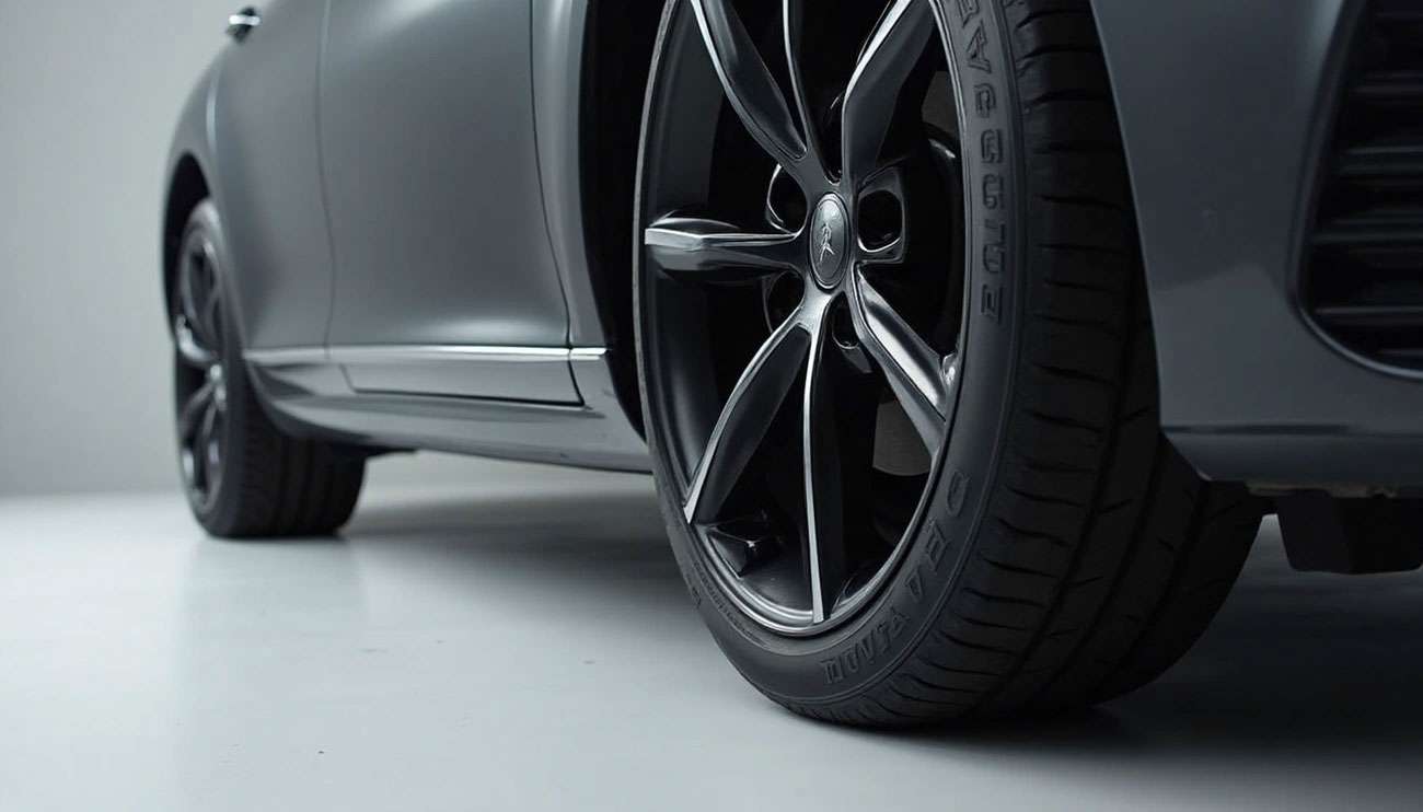 Close-up of a car tire showing the aspect ratio numbers on the sidewall