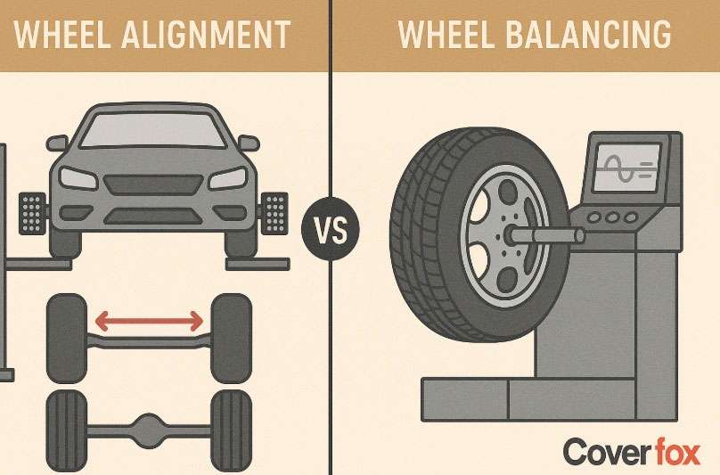 Illustration comparing wheel alignment adjusting tire angles with wheel balancing using a machine to evenly distribute tire weight.