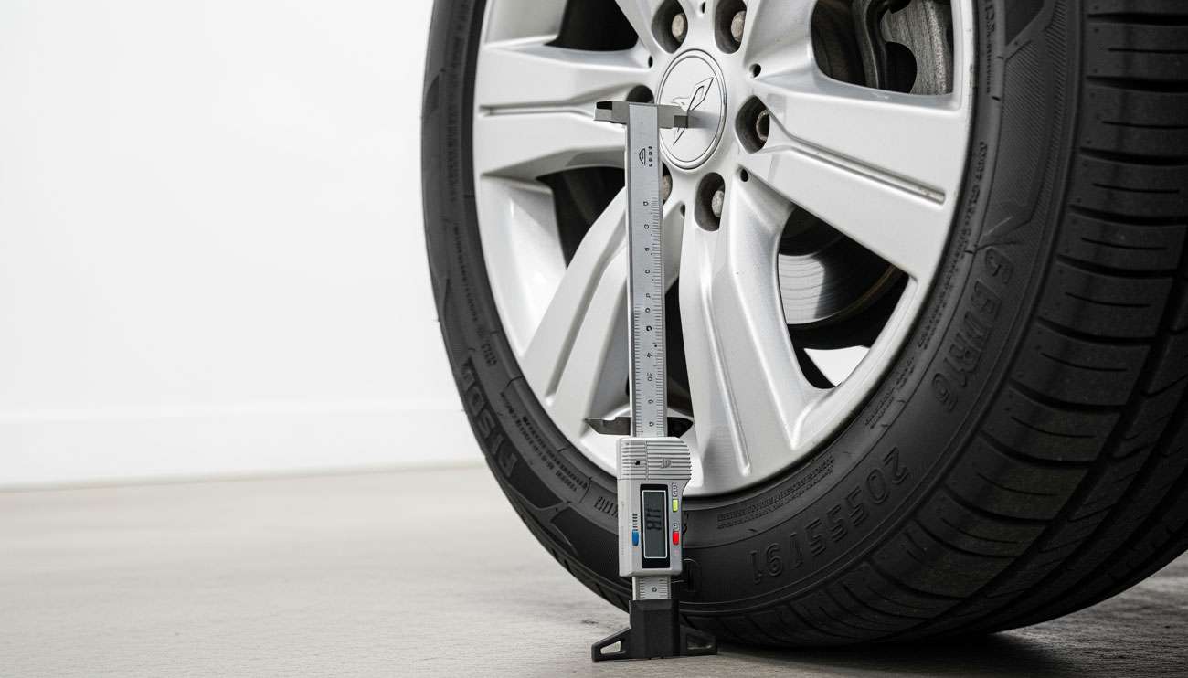 Close-up of a car tire and alloy wheel with a digital caliper on the garage floor measuring tire dimensions