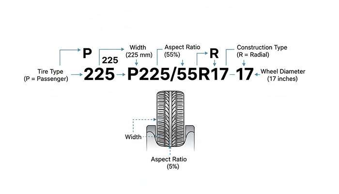 Diagram showing tire code components and their meanings