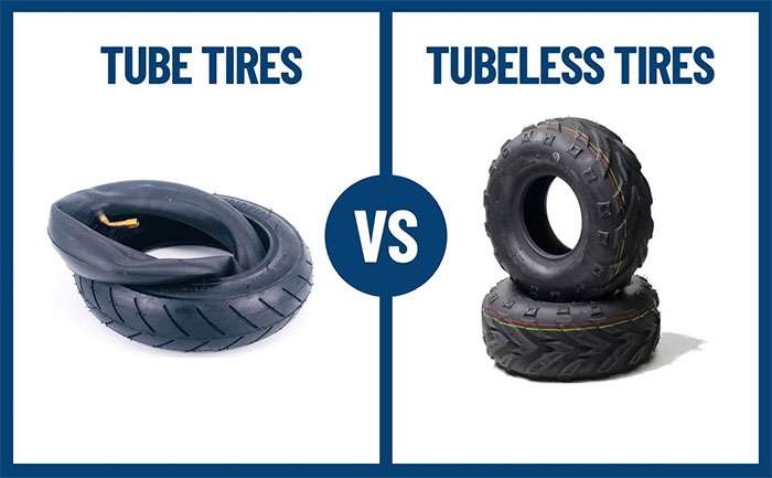 Comparison image showing a coiled tube tire on the left and two stacked tubeless tires on the right with 'VS' in the center.