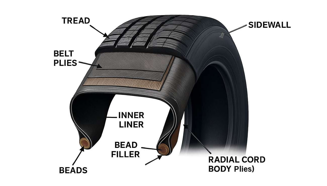 Detailed cross-section diagram of a tire showing all major components including tread, sidewall, belt plies, radial cord body, inner liner, bead filler, and beads with labels
