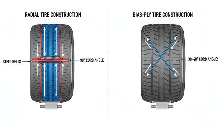 Cross-section comparison of radial and bias-ply tire construction methods
