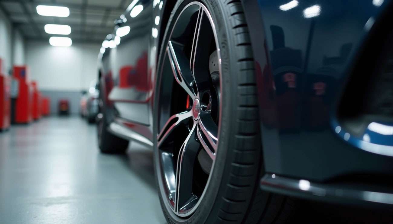 Close-up of a car tire and rim inside a brightly lit automotive workshop or garage