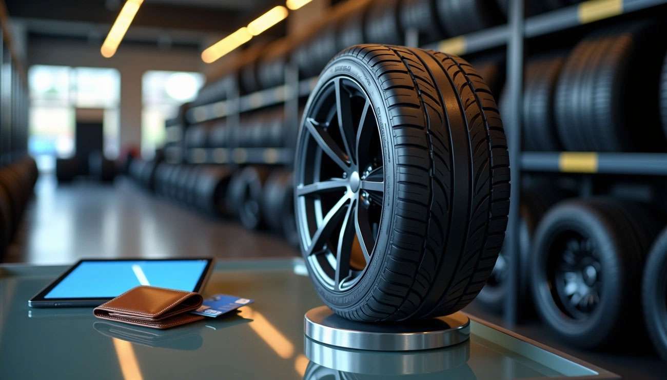Car tire displayed on stand in tire shop with wallet, credit cards, and tablet showing financing options