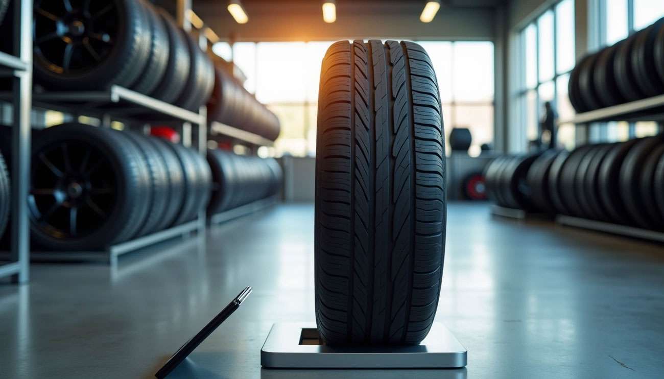 New tire displayed on a scale inside a bright tire shop with rows of tires on shelves in the background.