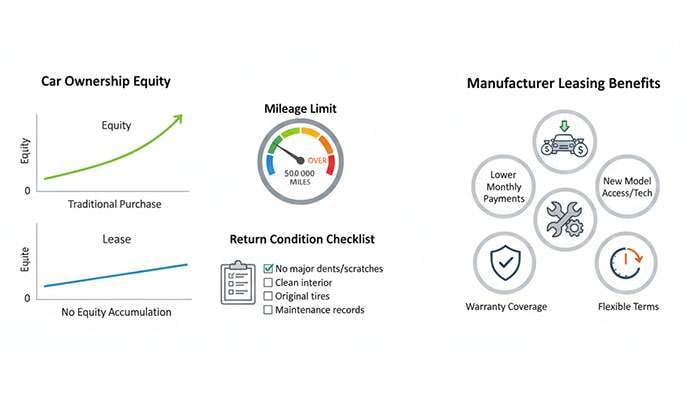 Key points of leasing cars: no ownership equity, mileage limits, return conditions, and manufacturer leasing benefits