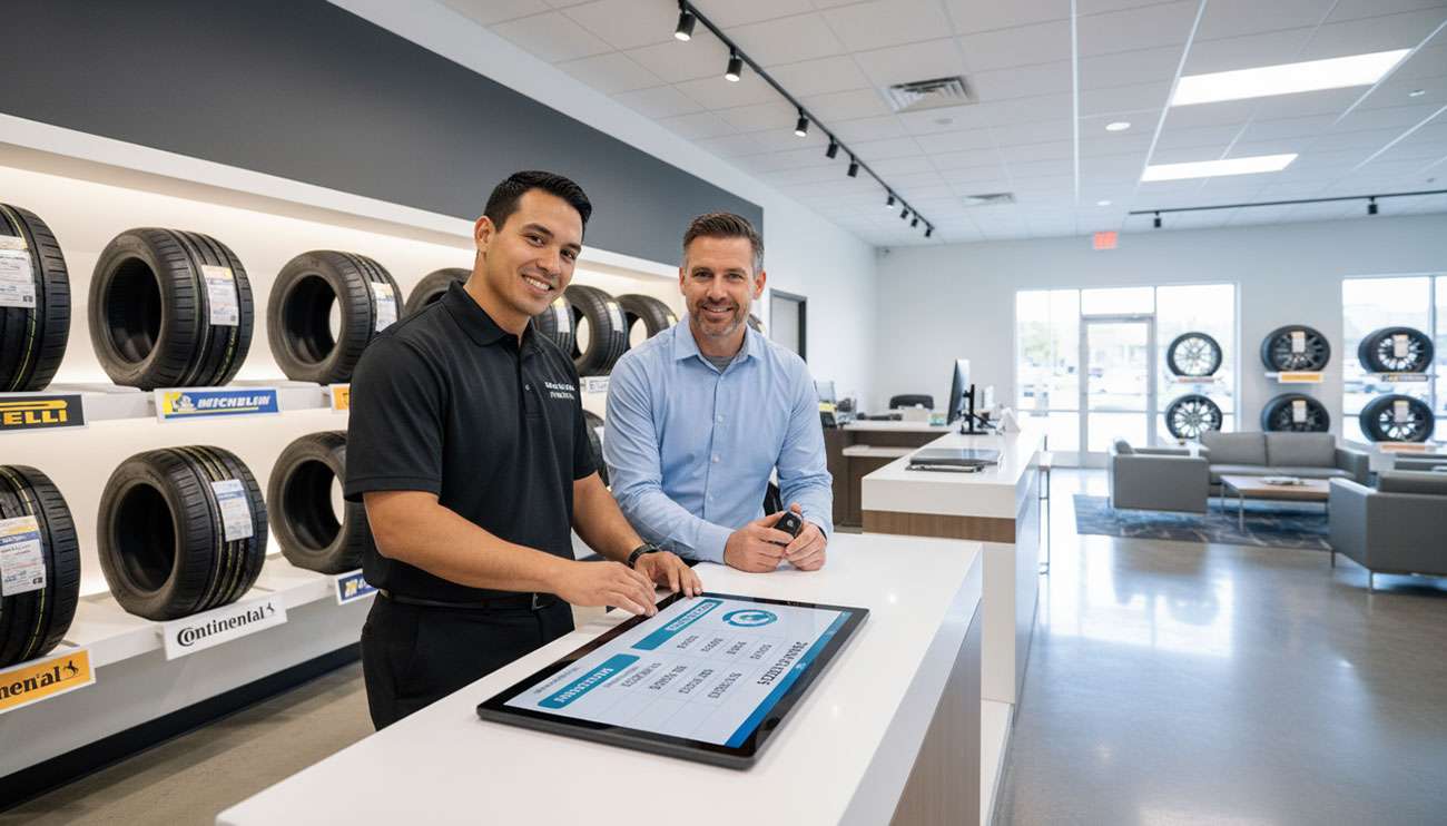 Professional tire shop with customer reviewing financing options at service counter