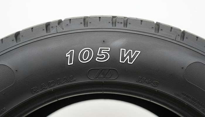 Tire sidewall close-up highlighting load index and speed rating markings