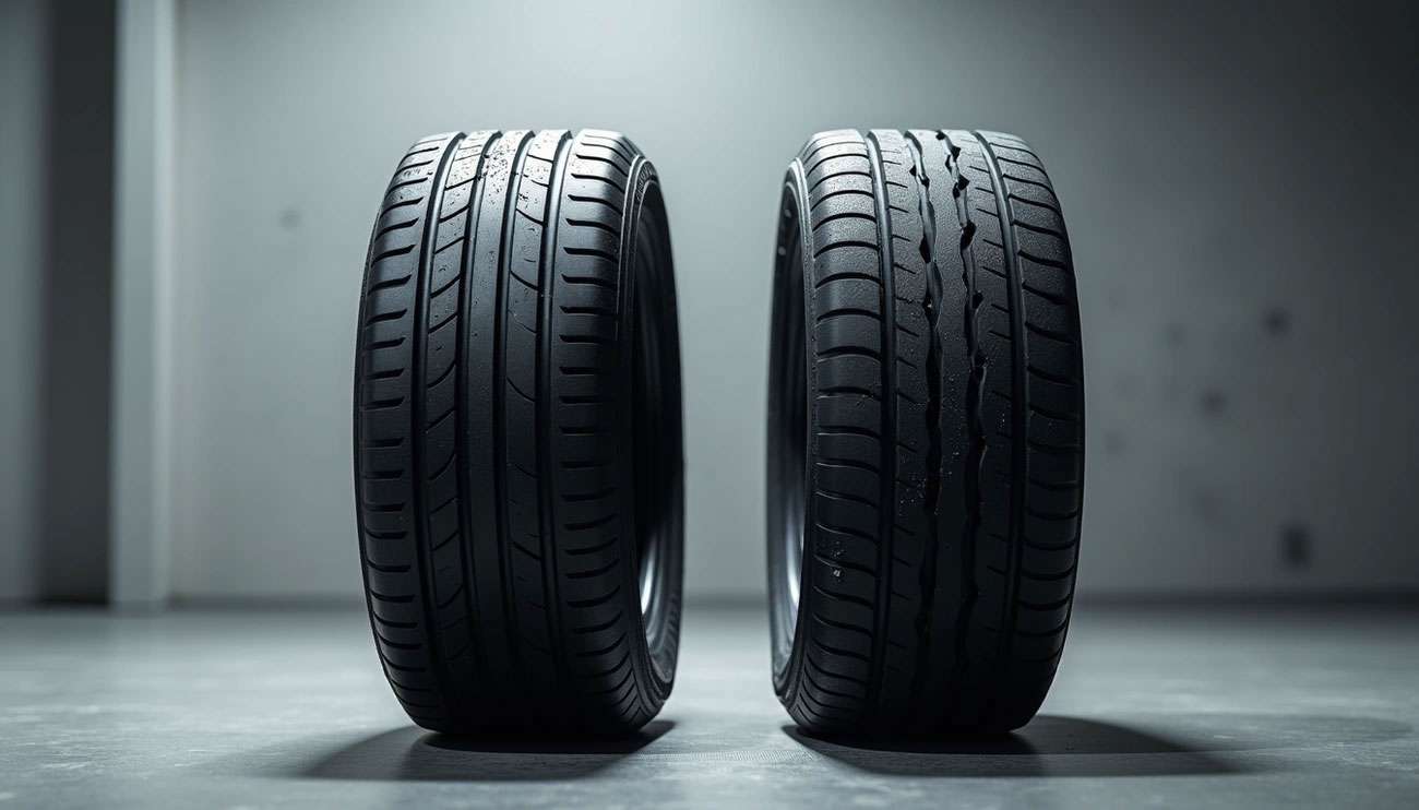 Two car tires side by side in a dimly lit room, showing different tread wear for mileage comparison