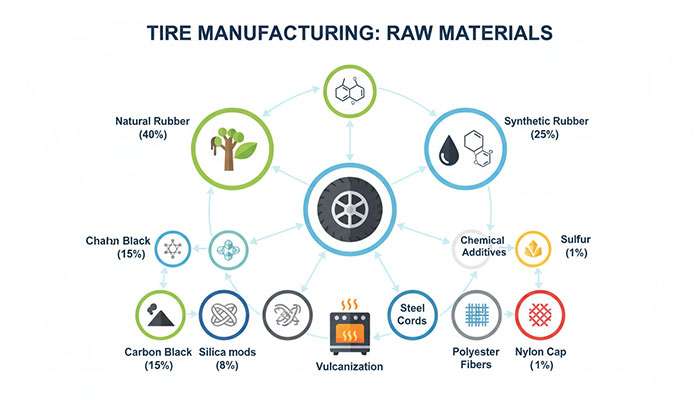 Infographic showing raw materials used in tire manufacturing including natural rubber, synthetic rubber, steel, and chemical compounds