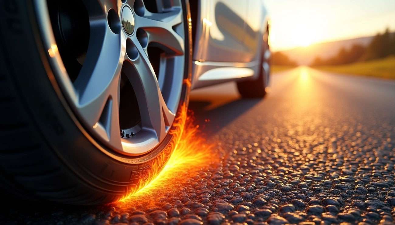 Close-up of a car tire overheating and sparking on a sunlit road, illustrating dangerous tire temperature risks