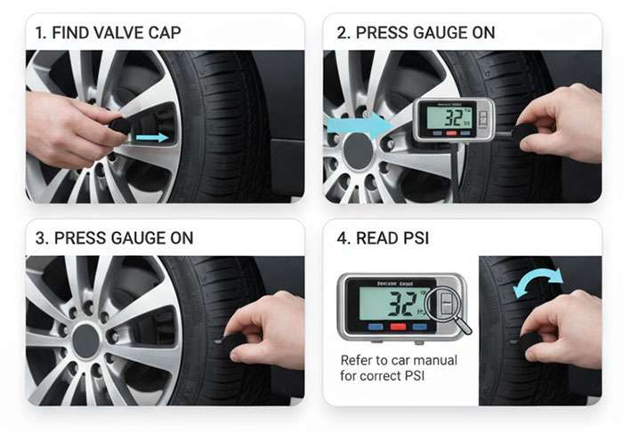 Graphic with instructions on how to check tire pressure against