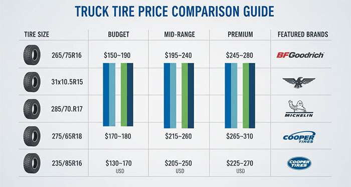 Price comparison chart showing various truck tire sizes and their cost ranges across different brands