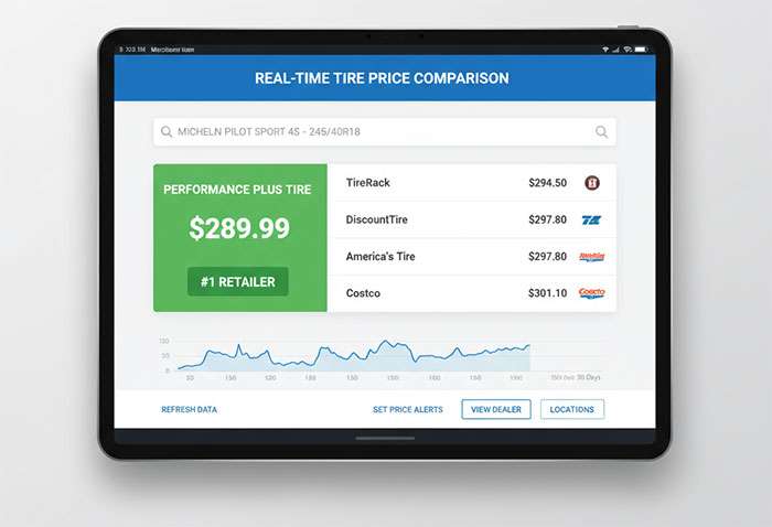 Digital interface showing real-time tire price comparison across multiple retailers