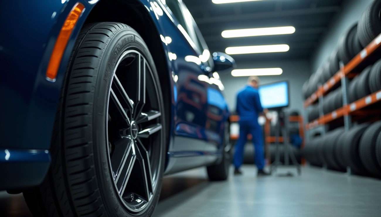 Close-up of a car tire in a shop with mechanic and tire racks, illustrating how inflation and insurance affect tire purchases