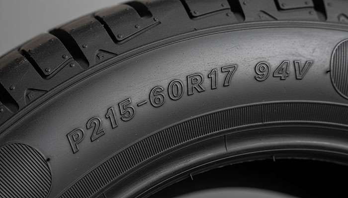 Close-up of a tire sidewall showing the size marking for tire measurement explanation