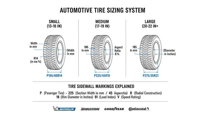 Tire sizing specifications and brand comparison chart