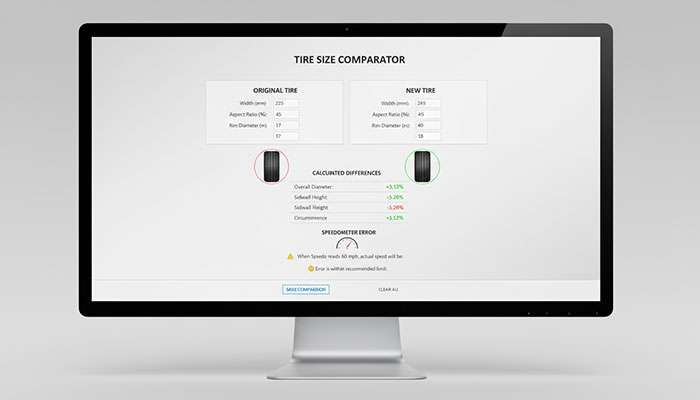 Side-by-side comparison screen of tire size calculator showing dimension differences