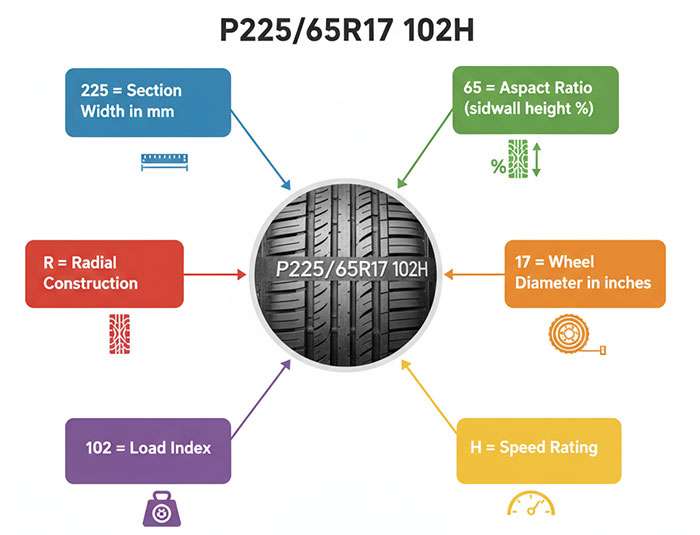 Diagram showing how to read tire sidewall markings for size, type, and performance details