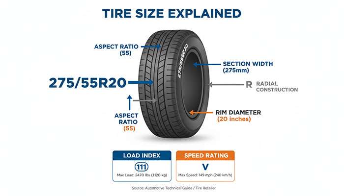 Tire size chart explaining section width, aspect ratio, radial construction, rim diameter, load rating, and speed rating details
