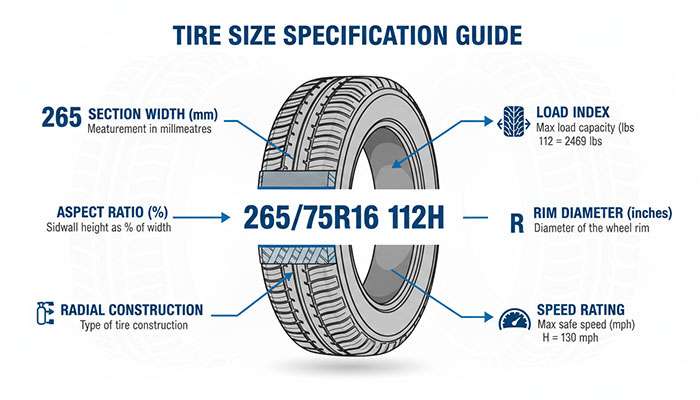 Tire size chart explaining section width, aspect ratio, radial construction, rim diameter, load rating, and speed rating
