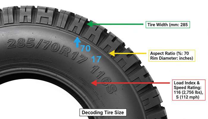 Tire size chart explaining section width, aspect ratio, radial construction, rim diameter, load rating, and speed rating on a tire sidewall