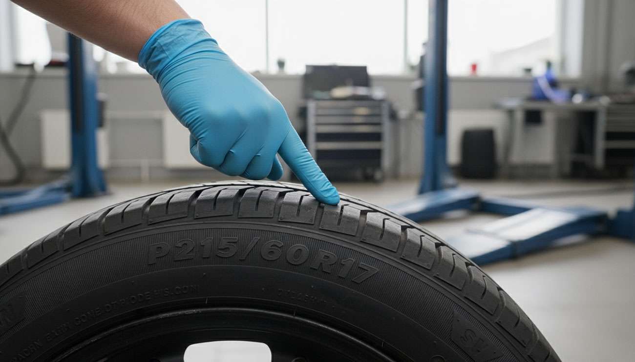 Person wearing blue gloves pointing at a car tire to check its size and fitment on the vehicle's wheel rim