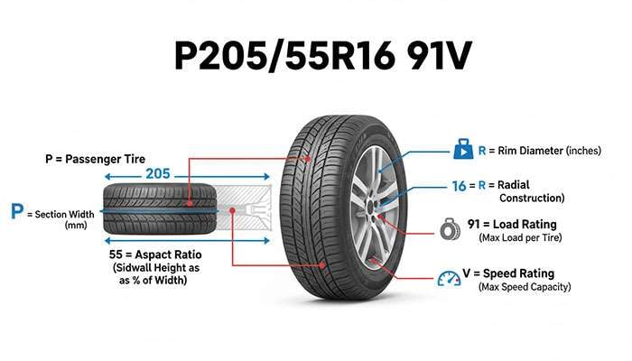 Tire size chart explaining section width, aspect ratio, radial construction, rim diameter, load rating, and speed rating of a tire