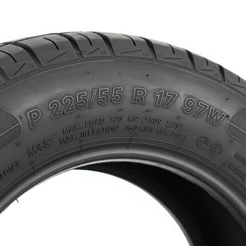Tire size designation showing width, aspect ratio, and diameter measurements on tire sidewall