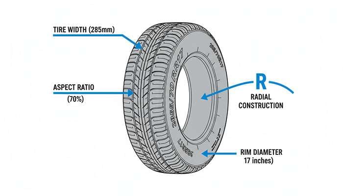 Diagram explaining tire size components including tire width, aspect ratio, rim diameter, load index, and speed index on a tire