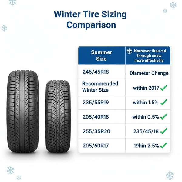 Winter tire size recommendations displayed in a clear chart format