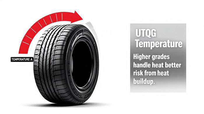 Diagram showing tire temperature rating with categories A, B, and C indicating heat resistance levels.