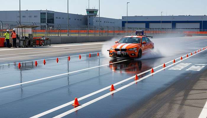 Professional tire testing on wet pavement showing braking distance measurements and test vehicle setup